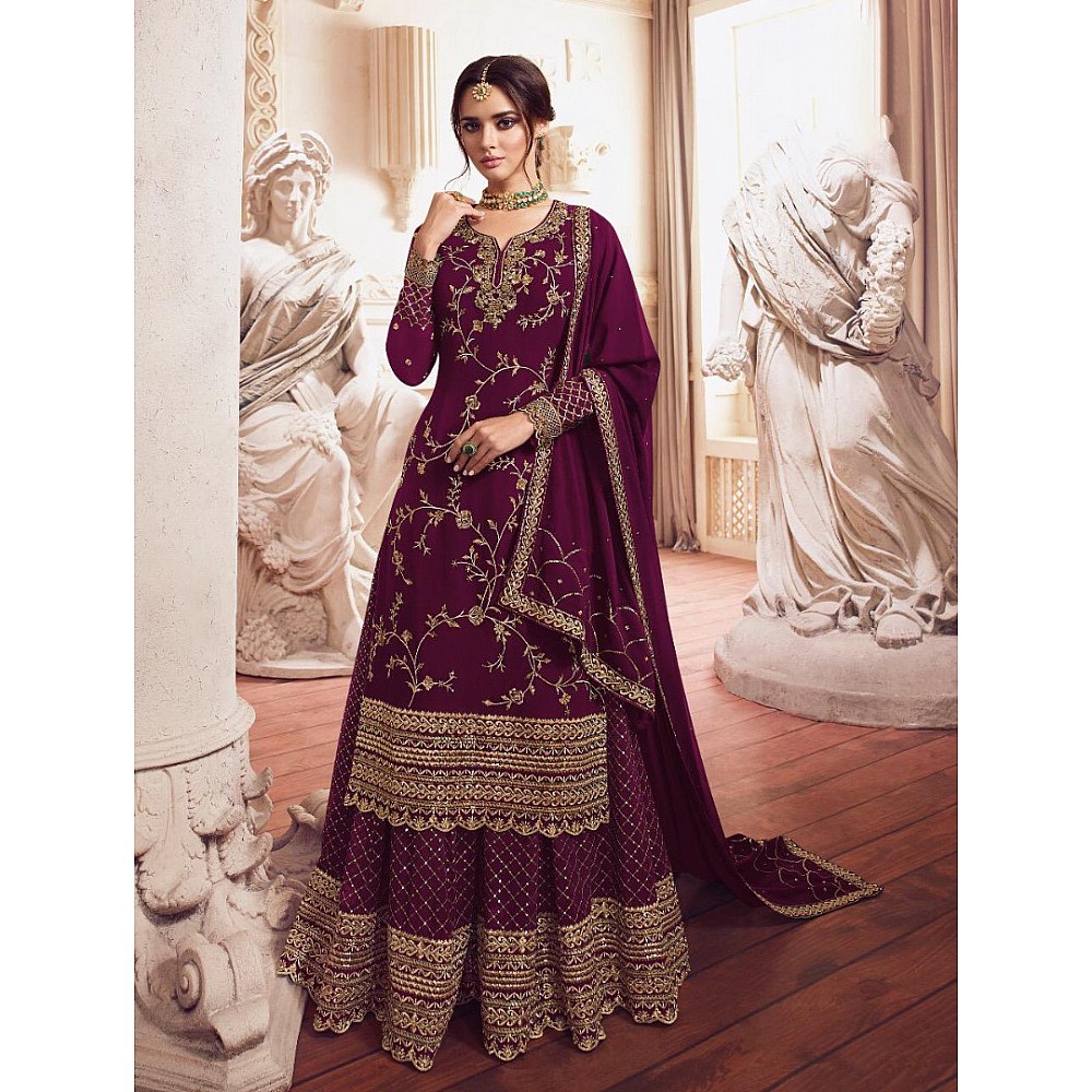 Purple georgette heavy embroidered wedding plazzo salwar suit