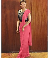 Baby pink crepe silk designer ruffle saree with handwork blouse