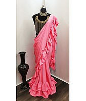 Light Pink Crepe Designer One Color Soft Ruffle Saree WJ98731