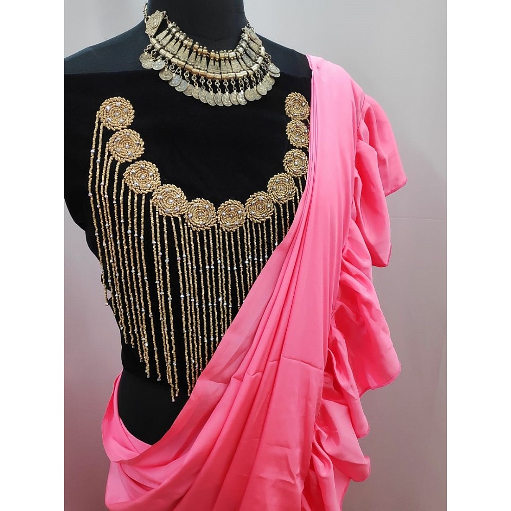 Baby pink crepe silk designer ruffle saree with handwork blouse