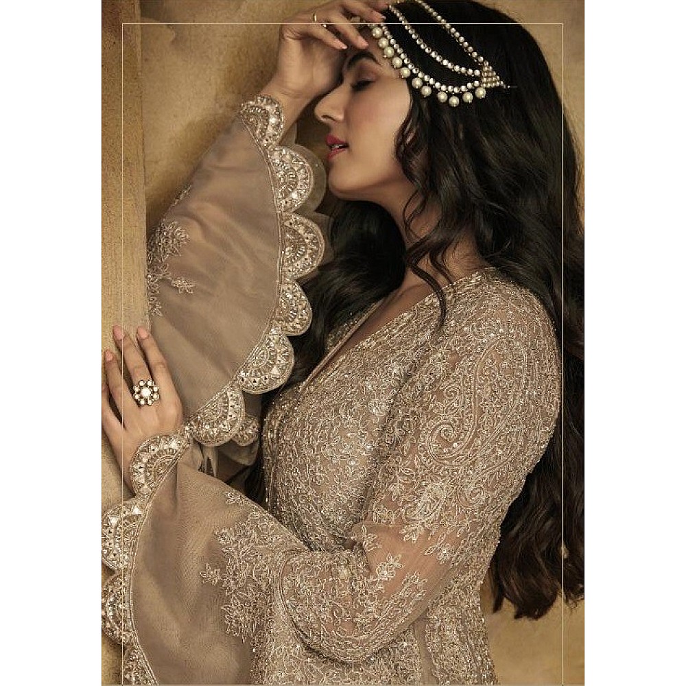 Brown net heavy embroidered wedding gown with dupatta