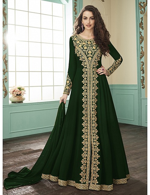 Green heavy faux georgette embroidery stylist wedding gown