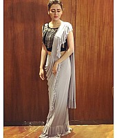 Grey georgette designer ruffle saree with handwork blouse
