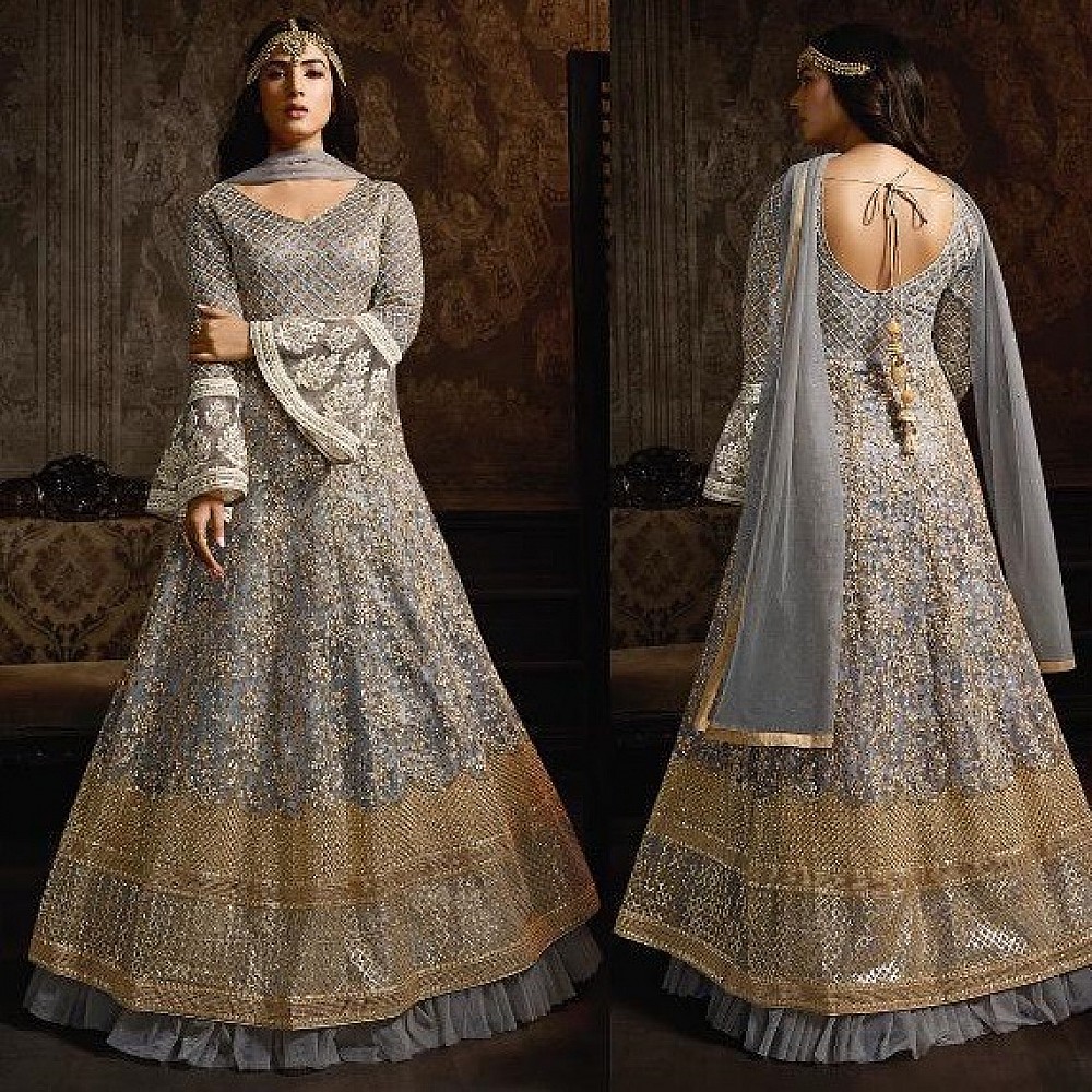 Grey net heavy embroidered designer wedding gown with dupatta