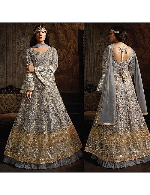 Grey net heavy embroidered designer wedding gown with dupatta