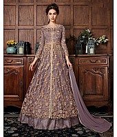 Grey net heavy embroidery worked wedding gown