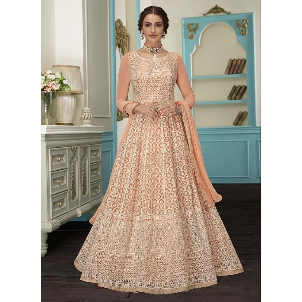 Light orange faux georgette heavy thread and sequence embroidered gown