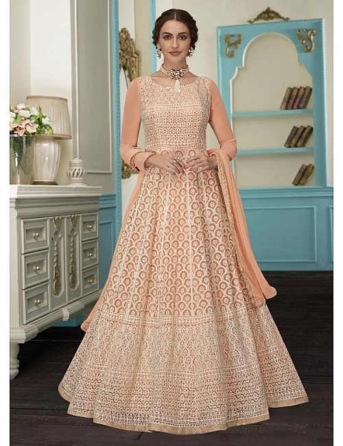 Light orange faux georgette heavy thread and sequence embroidered gown