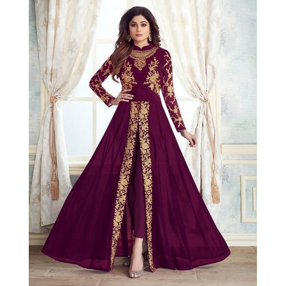 Maroon heavy georgette multi work embroidery wedding long salwar suit