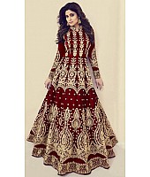 Maroon mulberry silk heavy embroidered designer wedding gown
