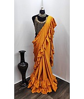 Mustard Yellow crepe silk designer ruffle saree with handwork blouse