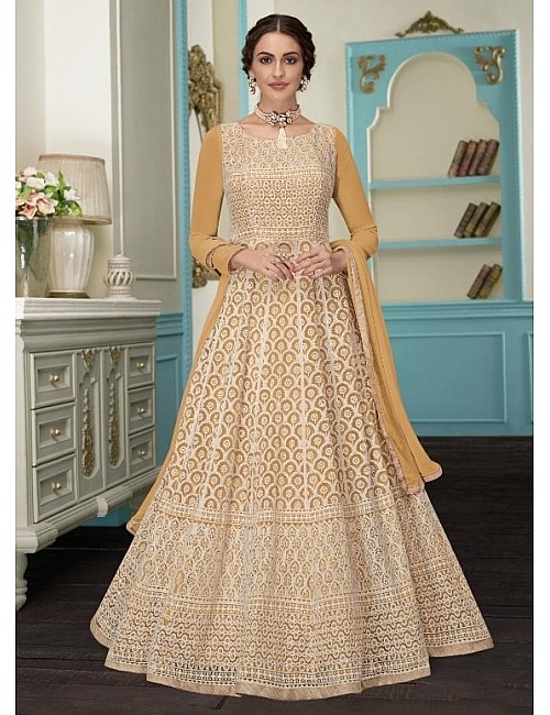 mustard yellow faux georgette heavy thread and sequence embroidered gown