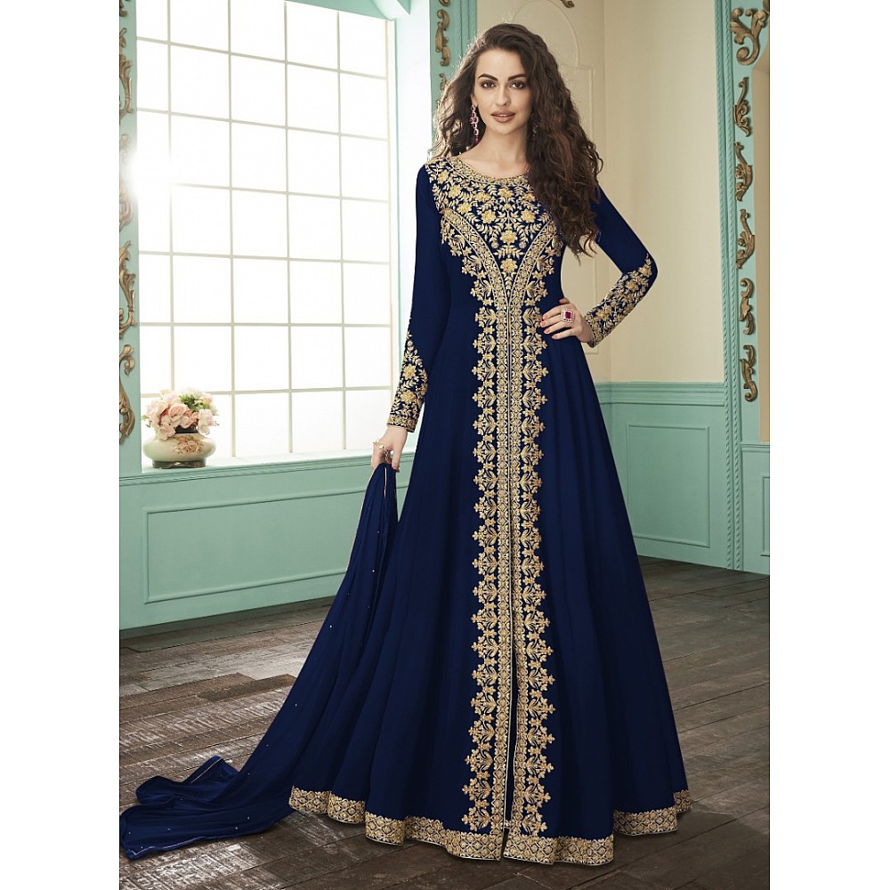 Navy blue heavy faux georgette embroidery stylist wedding gown