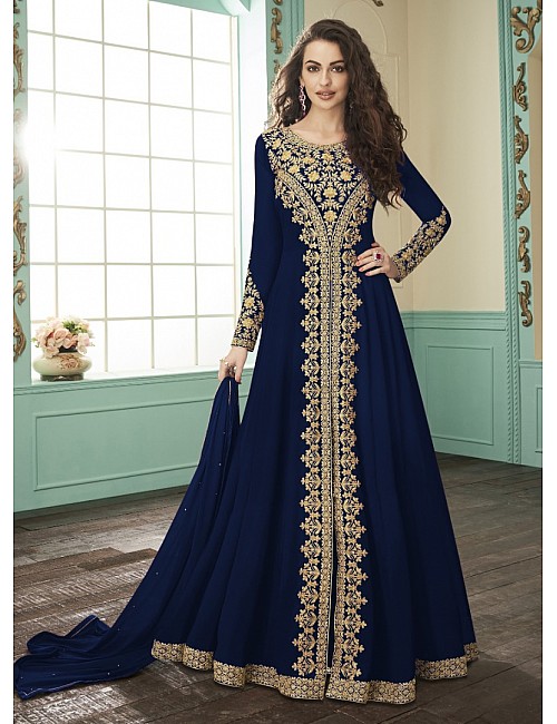 Navy blue heavy faux georgette embroidery stylist wedding gown