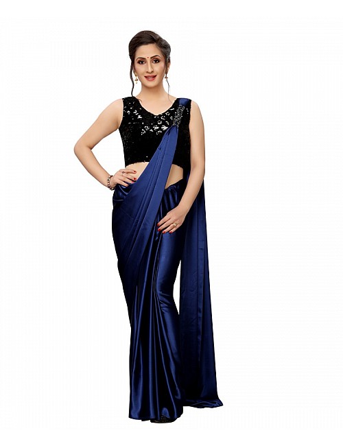 Navy blue japan satin partywear saree with sequence work blouse
