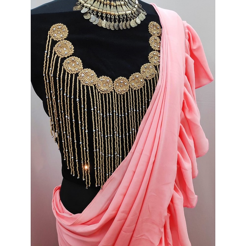 Peach crepe silk designer ruffle saree with handwork blouse