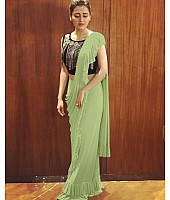 Pista green crepe silk designer ruffle saree with handwork blouse