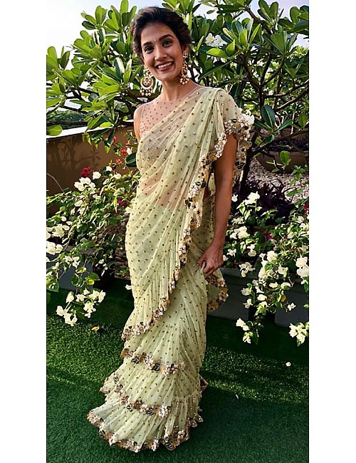 Pista green net multi thread embroidered designer ruffle saree