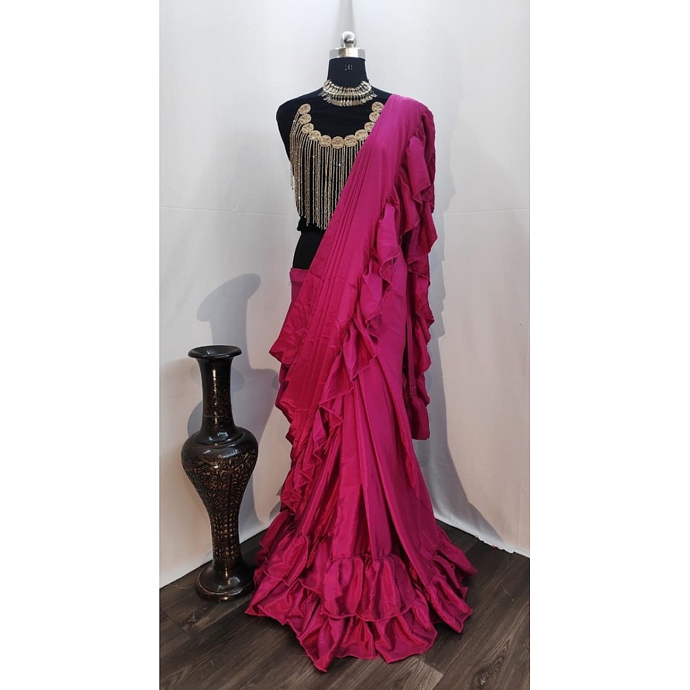 Purple crepe silk designer ruffle saree with handwork blouse