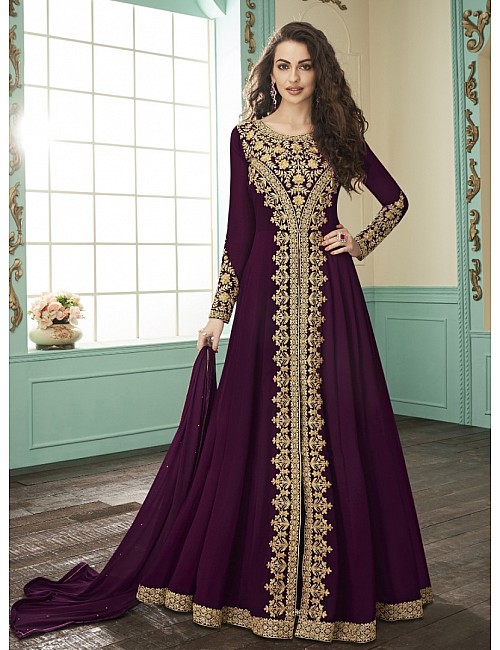 Purple heavy faux georgette embroidery stylist wedding gown