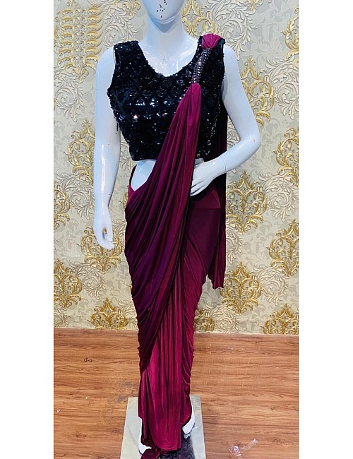Purple japan satin partywear saree with sequence work blouse
