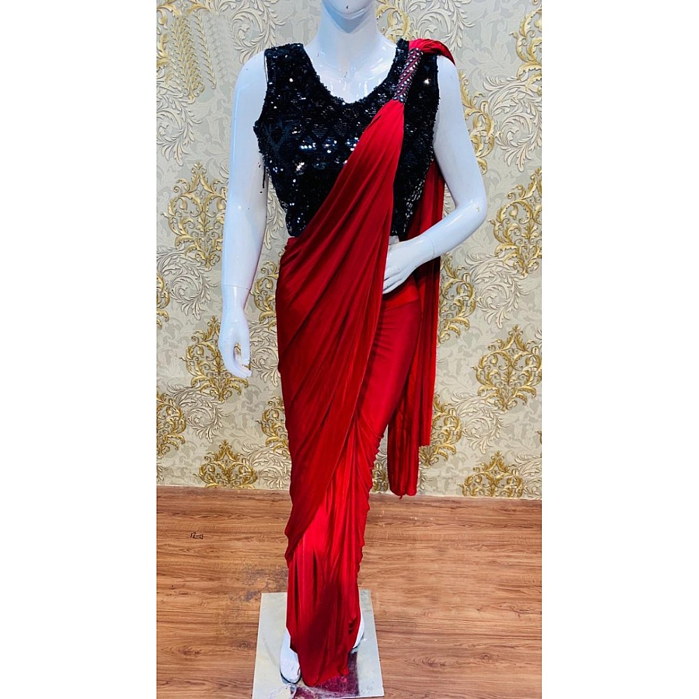 Red japan satin partywear saree with sequence work blouse