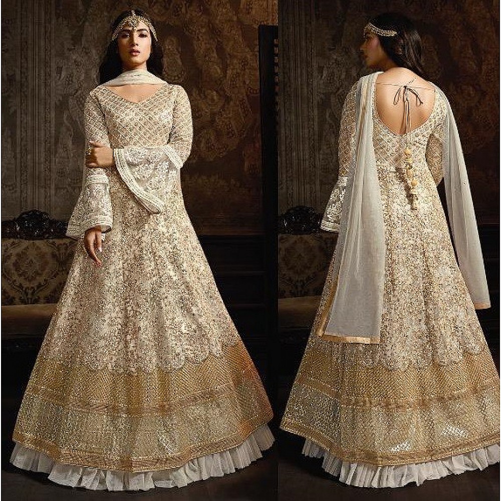 White net heavy embroidered designer wedding gown with dupatta