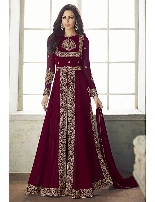 Wine georgette heavy embroidered designer partywear salwar suit