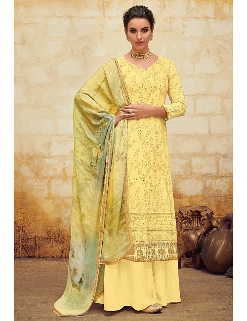 Yellow faux georgette embroidered designer salwar suit