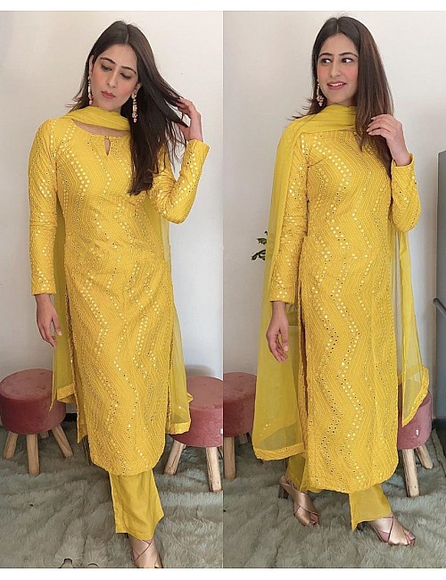 Yellow georgette paper mirror work plazzo salwar suit