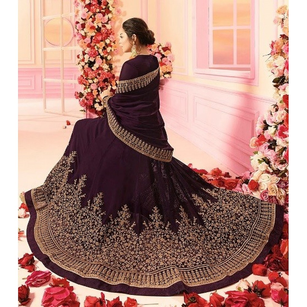 Dark purple heavy emboridered long wedding gown with dupatta