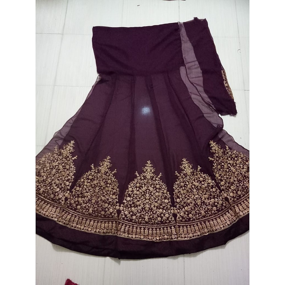 Dark purple heavy emboridered long wedding gown with dupatta