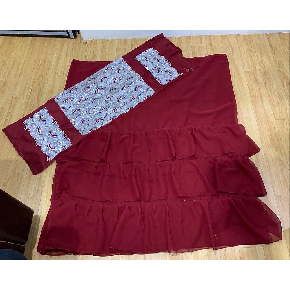 maroon georgette designer ruffle saree with sequence work blouse
