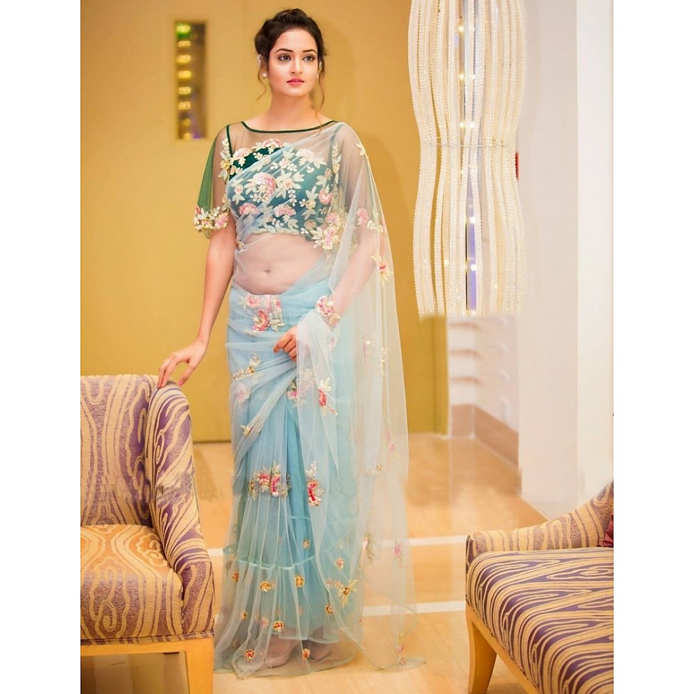 sky blue net designer saree with embroidered blouse
