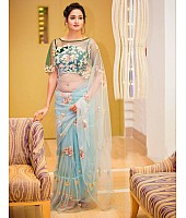 sky blue net designer saree with embroidered blouse