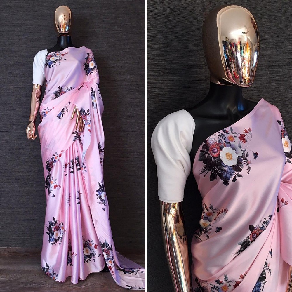 Baby pink japan satin silk floral printed saree