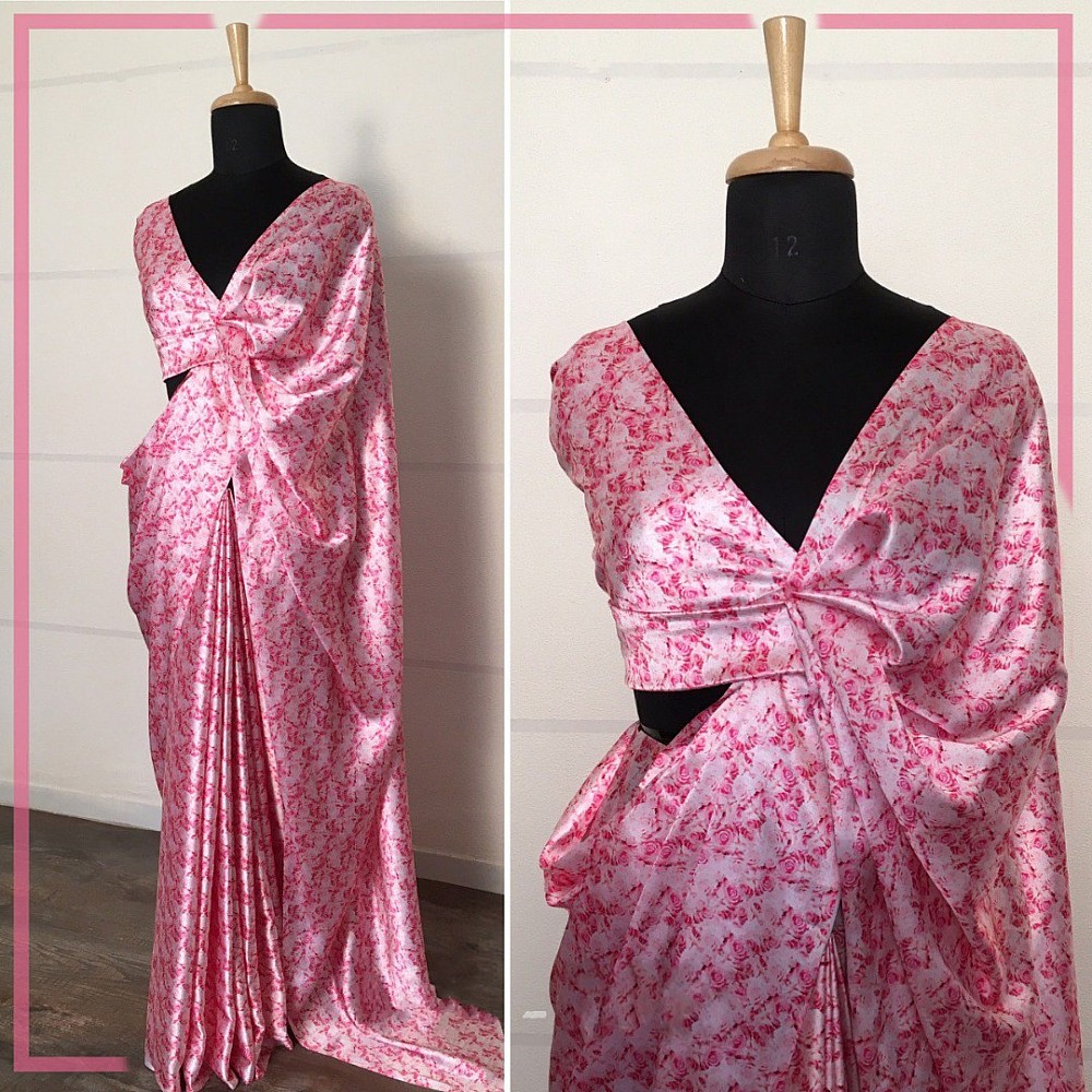 Baby pink japan satin silk flower printed saree