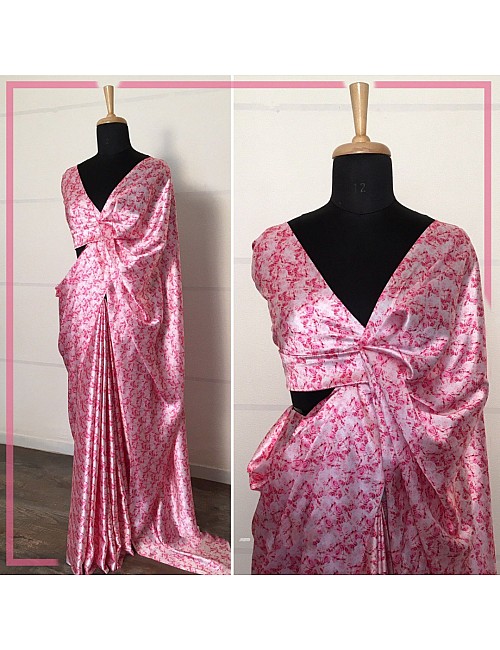 Baby pink japan satin silk flower printed saree