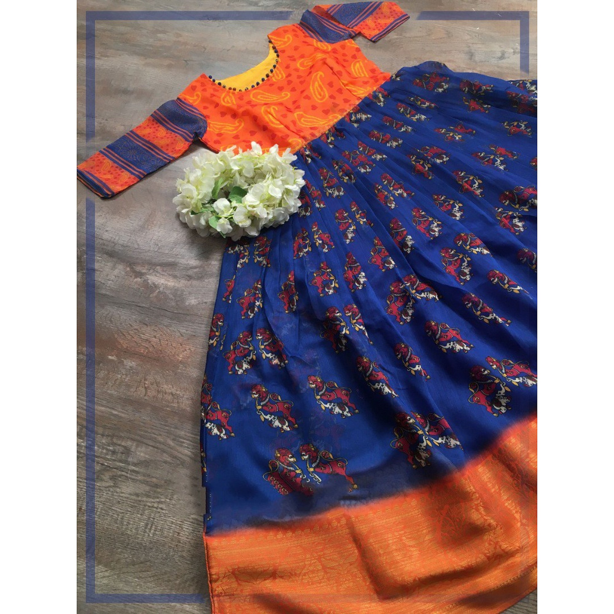 Gown : Blue Soft cotton weaving design printed gown