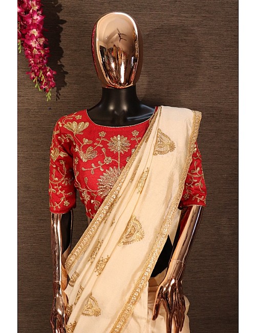 Cream zarna silk embroidered wedding wear saree