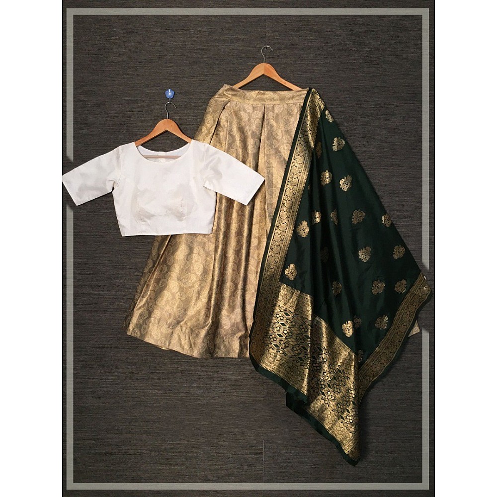 Gold zari satin silk printed lehenga choli with banarasi dupatta