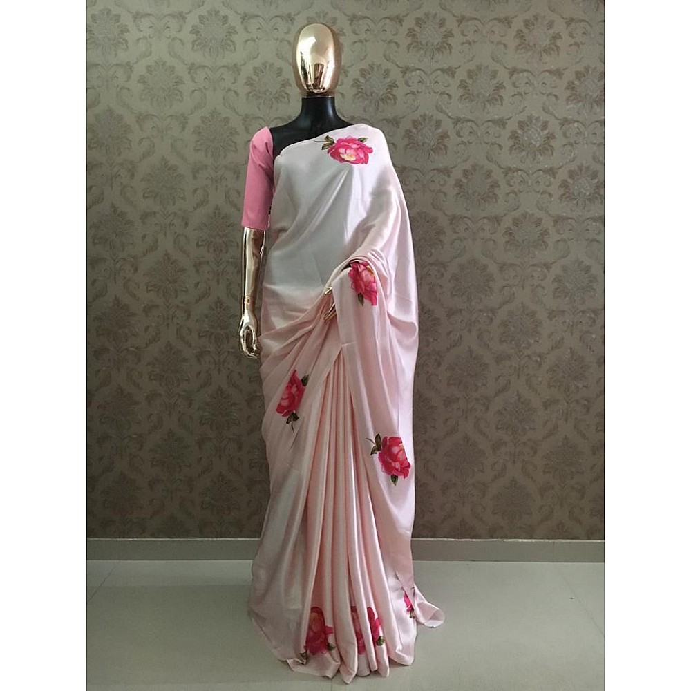 Light pink shaded white japan satin silk floral printed saree