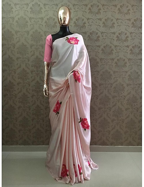 Light pink shaded white japan satin silk floral printed saree