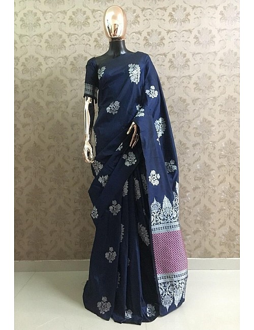 Navy blue heavy weaving pallu silk saree