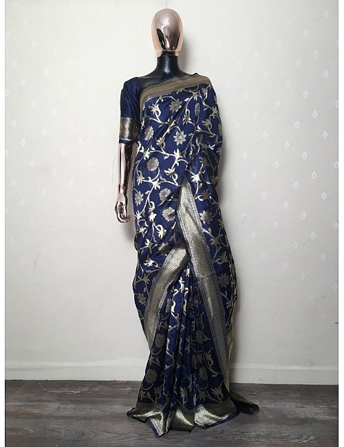 Navy blue kora silk jacquard weaving saree