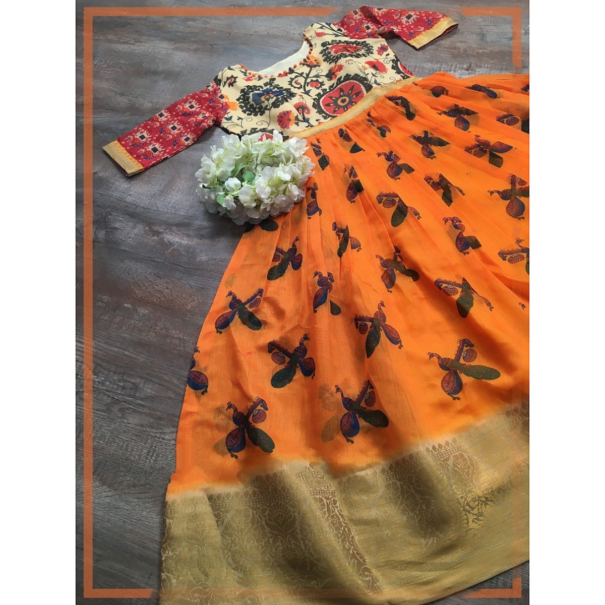 Gown : Orange Soft cotton weaving design printed gown