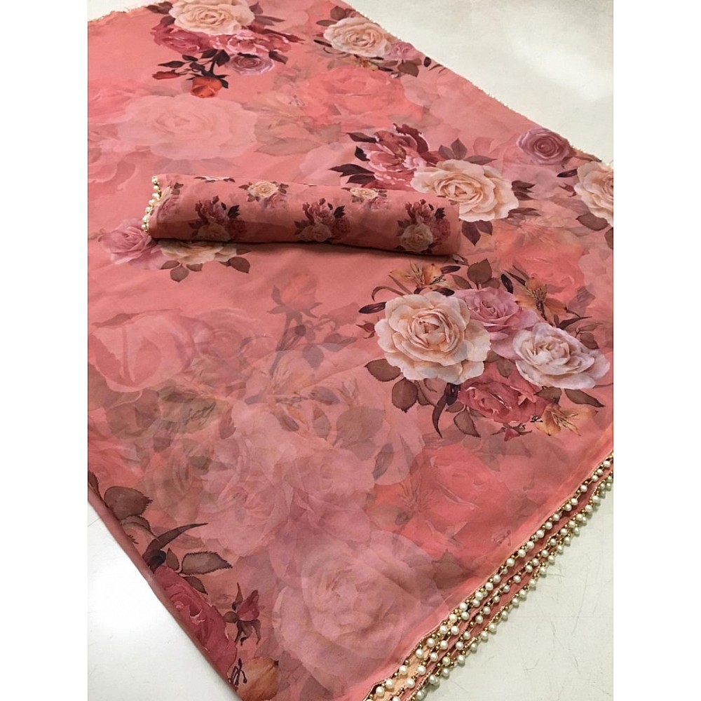 Peach floral printed pearl border saree