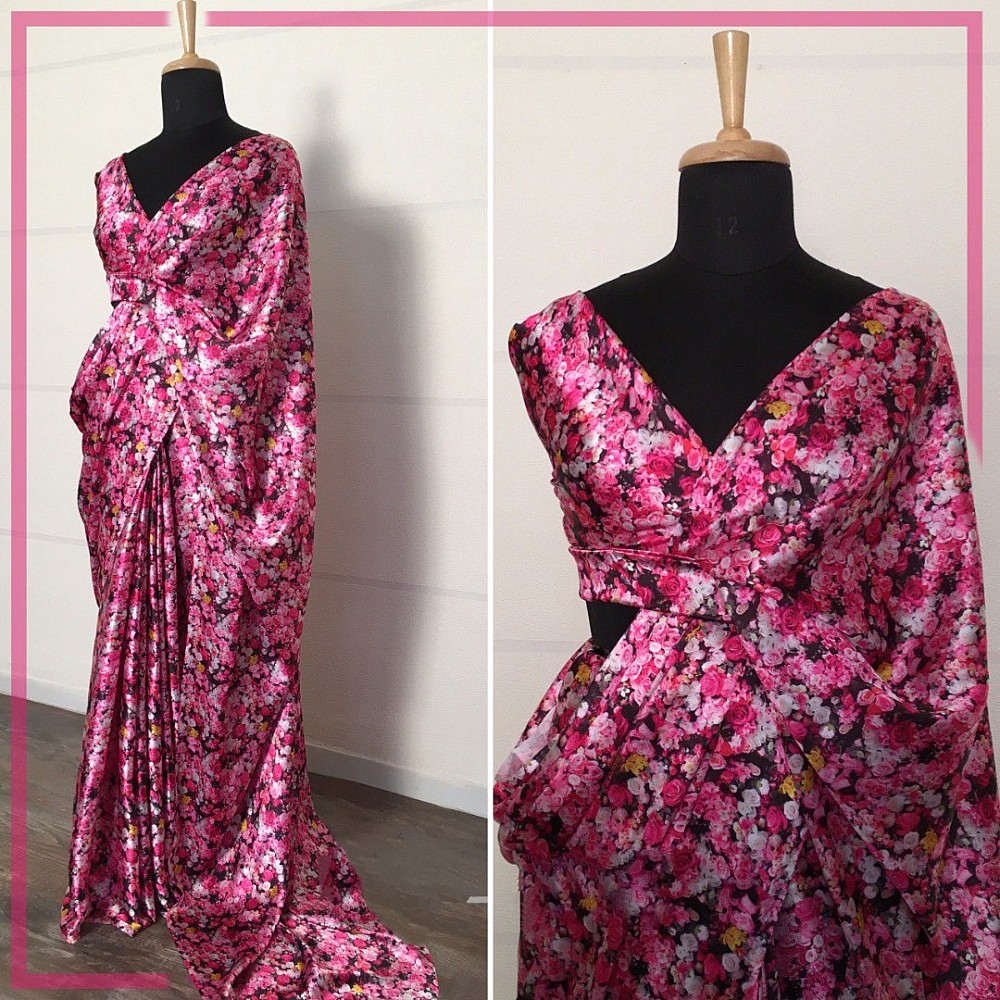Pink japan satin silk flower printed saree