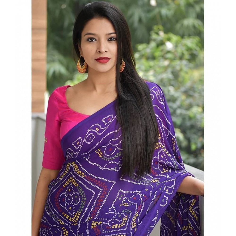 Purple georgette bandhani print traditional saree