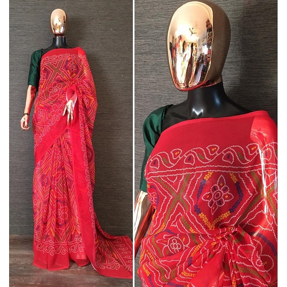 Red georgette bandhani print traditional saree